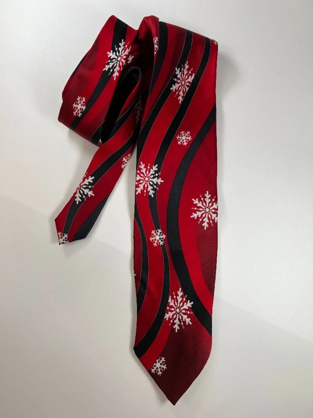 Holidays Red Christmas Tie with White Snowflakes & Black Ribbon  100% Silk